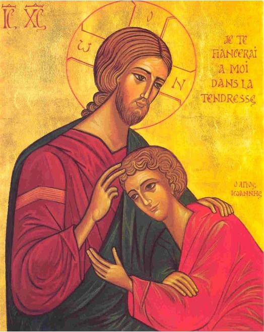 Icoon van Christus die de apostel Johannes tegen zich aan houdt, met het opschrift ‘Je te fiancerai à moi dans la tendresse’